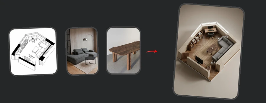 Генерация 3D планировки комнаты с вашей мебелью — ИИ визуализация интерьера